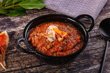 Tomato gazpacho soup with crab