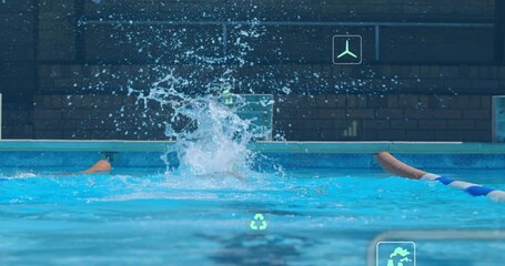 Swimmer pushing off wall powering butterfly stroke for speed with technology icons floating around - Powered by Adobe