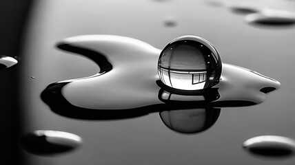 A captivating monochrome image showcasing a reflective water droplet with the world mirrored within its perfect sphere