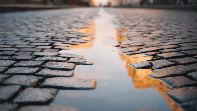 Wet cobblestone street water reflection glowing warm light evening