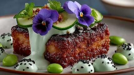 Fried food dish with flowers cucumber and green beans on a plate.