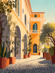 Vector illustration of a spacious luxury villa with a sunny courtyard filled with plants and a cobblestone path
