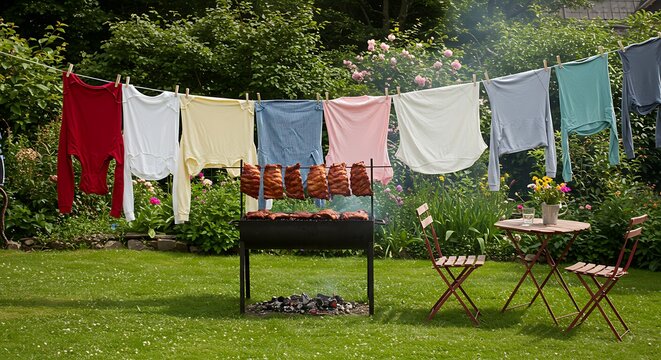 Outdoor backyard barbecue clothesline