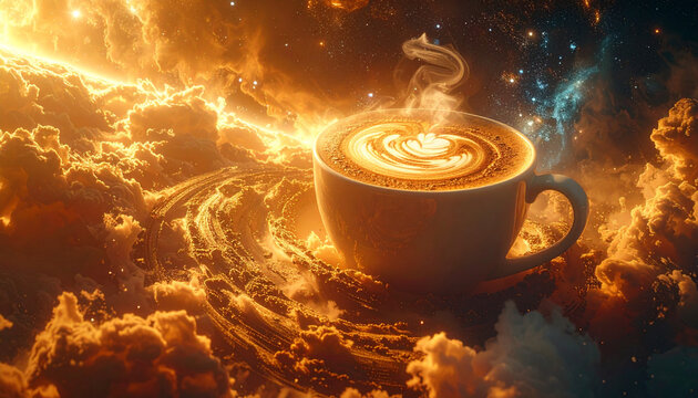 A celestial cup of hot latte with foam art, steaming amidst a surreal, glowing golden cosmic nebula and starlit clouds