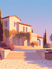 Illustration of a beautiful mediterranean villa with a stone staircase and surrounding nature