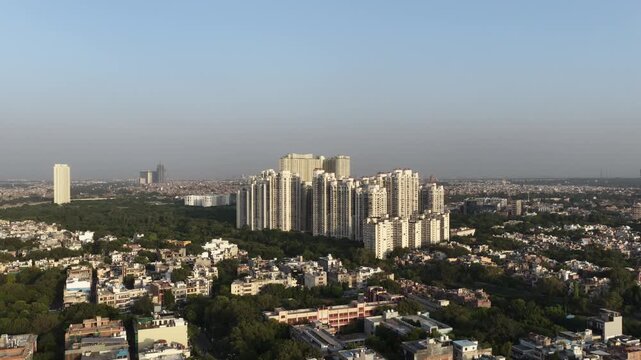 aerial view of dlf Capital Greens residential flats in new delhi, 4k footage 