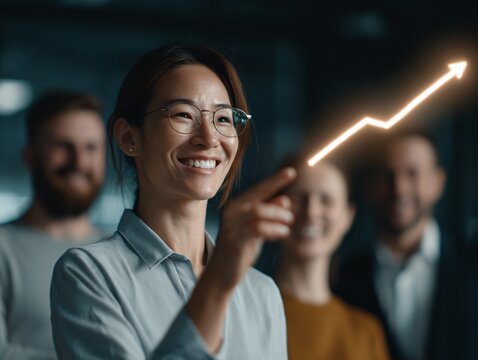 Employee pointing at glowing line graph in business meeting office environment professional perspective