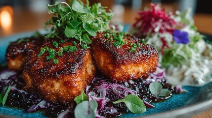 Two square food items with greens and purple cabbage on a blue plate.