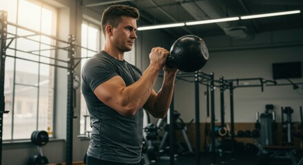 Intense kettlebell workout gym fitness training indoor environment focused viewpoint strength building concept