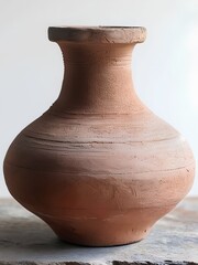 rustic terracotta pot with bulbous body tapered neck and flared rim featuring earthy reddish brown unglazed clay surface handmade pottery vessel with artisanal textured striations design