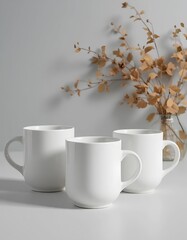 three white ceramic mugs arranged on light table surface with glass vase holding dried branches and brown foliage in background creating minimalist rustic serene home decor scene