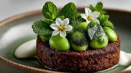 Elegant food presentation featuring green beans mint and white flowers on a plate.
