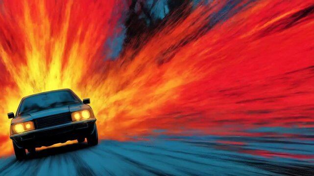Dark Classic Car Driving Through Fiery Explosion at Night