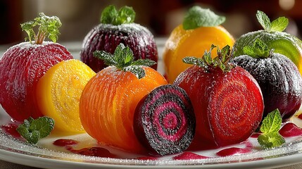 Assorted colorful beets with green sprouts on a white plate with sauce.