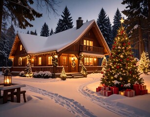 Snow-covered cabin glows warmly at dusk, Christmas tree and presents nearby, peaceful winter scene