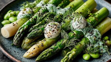 Asparagus spears with sauce and beans on a plate ready to eat.