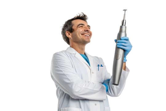 Smiling dentist. Doctor. Peace of mind. Trust. Brushing. Regular checkups. Flossing. Dentist. Drill.