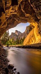 Sunlit archway reveals a tranquil river flowing towards majestic mountains under a serene sky