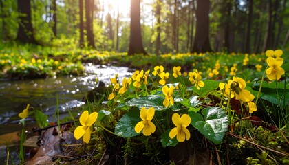 Obraz premium Sunlit stream flows through lush forest, vibrant yellow wildflowers blooming along its banks