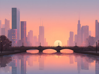 Cityscape Reflection A Serene Sunset Over a Modern Metropolis, Perfect for Desktop Wallpaper