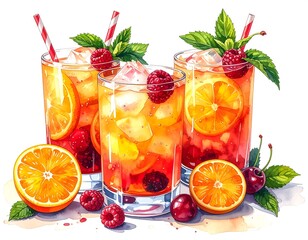 Vibrant Watercolor Cocktails with Summer Fruits