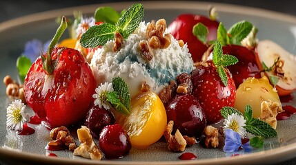 Fruit salad with cherries tomatoes cheese walnuts and mint on a plate.