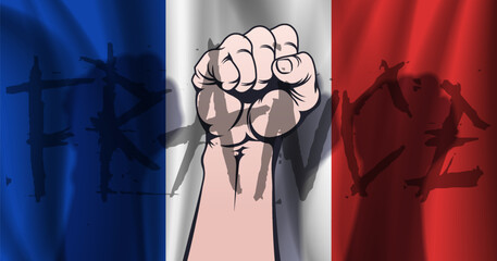 Vector banner. Powerful clenched male human graphic fist and shadows. Protests and riot. France flag. French republic