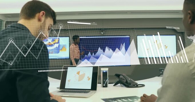 Presenter tapping screen, projecting animated line, bar and map overlays for business data report