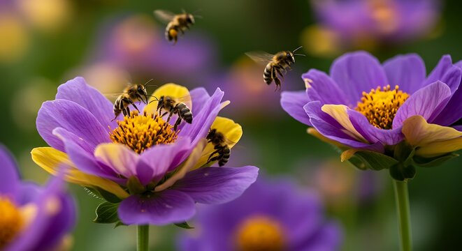 Purple flowers with busy bees