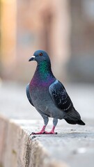 A city pigeon stands on a low stone wall, its iridescent feathers shimmering