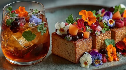 Drink and small cakes decorated with colorful edible flowers on a plate.