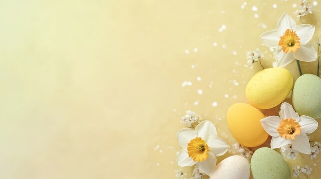 A light yellow background adorned with Easter themed decorations showcases pastel colored eggs and white daffodils arran