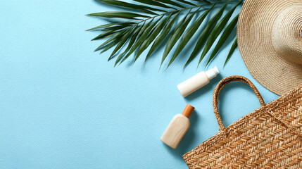 Straw hat palm leaf sunscreen lotion woven bag summer blue background vacation relaxation tropical