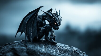 Winged gargoyle perches on a stone, eyes gleaming, in a dark, moody outdoor scene