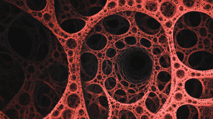 Abstract illustration of red blood cells, organic pattern, circular shapes, and tunnel effect, evoking sense of depth and movement