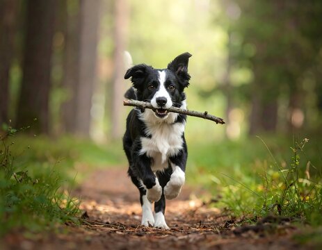 A black and white Border Collie runs towards the camera on a forest path, carrying a stick in its mouth