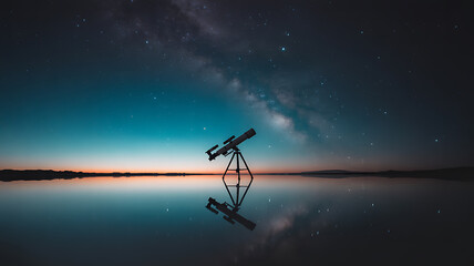 Telescope silhouetted against a starry night sky with Milky Way reflection in calm water