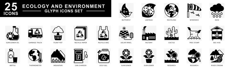 Ecology and environment glyph icons set. contain sunflower, research, recycling, tree stump, mountain, bottle and more. Vector for modern concept, print, UI, UX kit, web and app development.