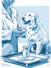 Veterinarian giving medicine to a Golden Retriever, a scene of animal health and care, illustrated style