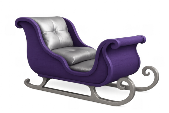 Purple sleigh with silver cushions on transparent background