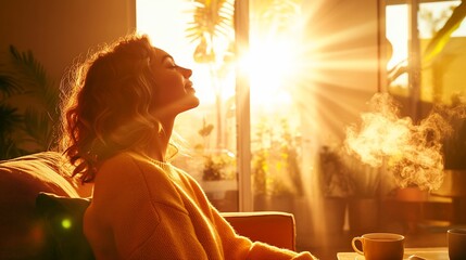 Woman basks in sunlight streaming through a window indoors, facing upwards in golden light
