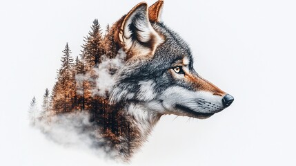 Wolf profile merged with pine forest landscape, misty, majestic, wilderness animal