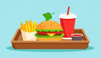 The Ultimate Vegan Fast Food Meal. An illustration of a complete vegan fast food meal on a tray. It includes a large vegan cheeseburger, a side of fries, a generic cup for a soda with a paper straw, a