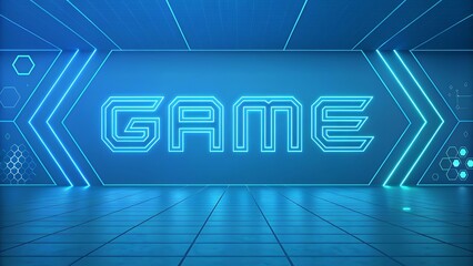 Abstract blue background with a 3D render of a modern business sign featuring the word exit in neon light as a symbol of success and design