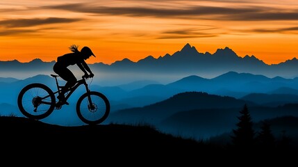 Woman cycles silhouetted against layers of blue mountains and sunset