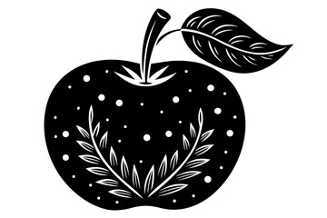 Vector art of decorative apple with leaf in black and white