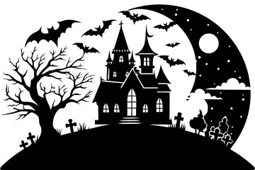 Vector art of silhouette of haunted house with bats and moon