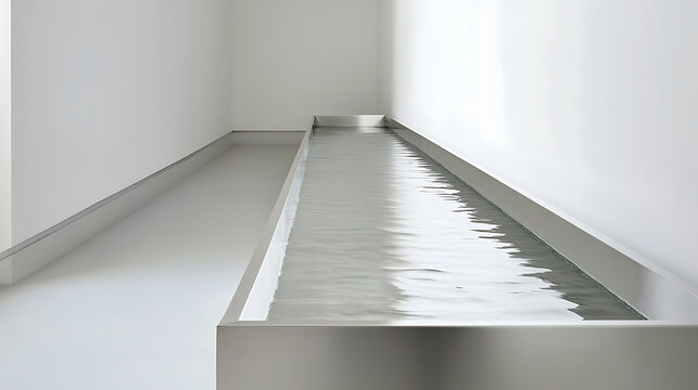 Minimalist water feature, a sleek channel filled with rippling water. White walls and floor enhance the tranquil, modern architectural design.