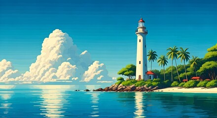 Serene tropical island coastline featuring a majestic white lighthouse guiding ships under a vibrant blue sky with fluffy clouds and calm turquoise waters reflecting the sunlight beautifully