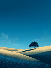 Serene Solitary Oak Tree Standing Tall Amidst Rolling Golden Grasslands Under a Vast Expansive Azure Sky Evoking Peace Tranquility and Timeless Natural Beauty a Captivating Landscape